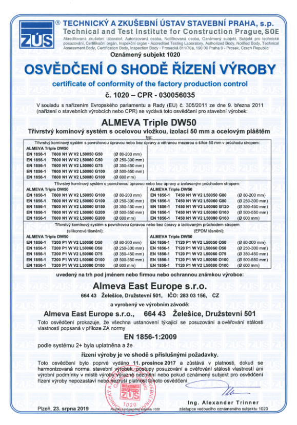 ALMEVA Triple DW50_Certifikát TAZUS